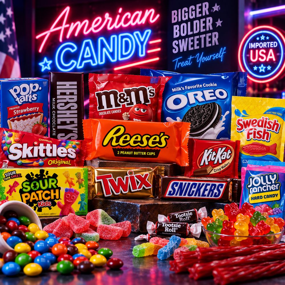 A wall of American candy bars, sours and gummies